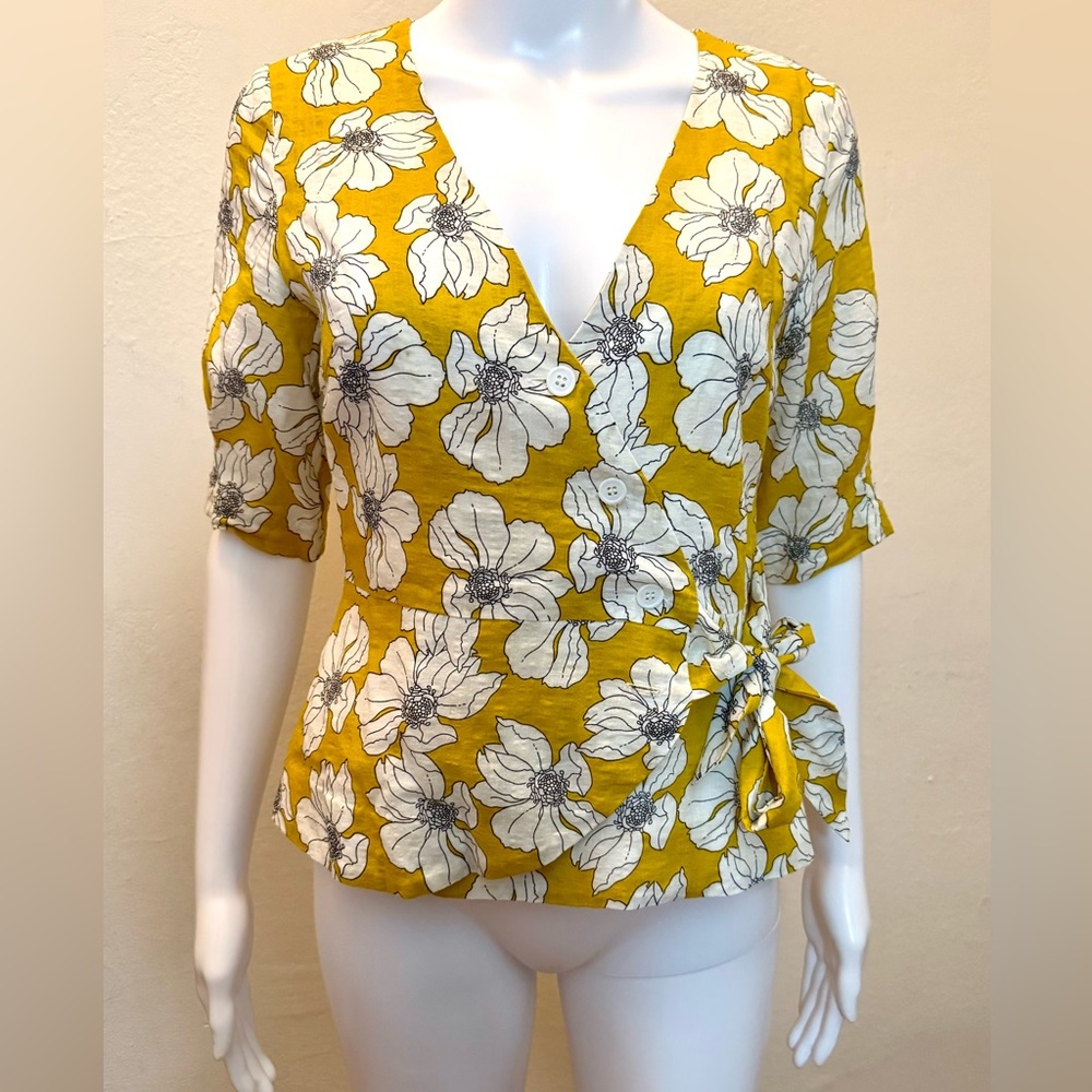FRNCH Paris Floral Wrap Top – Mustard Yellow, Size XS